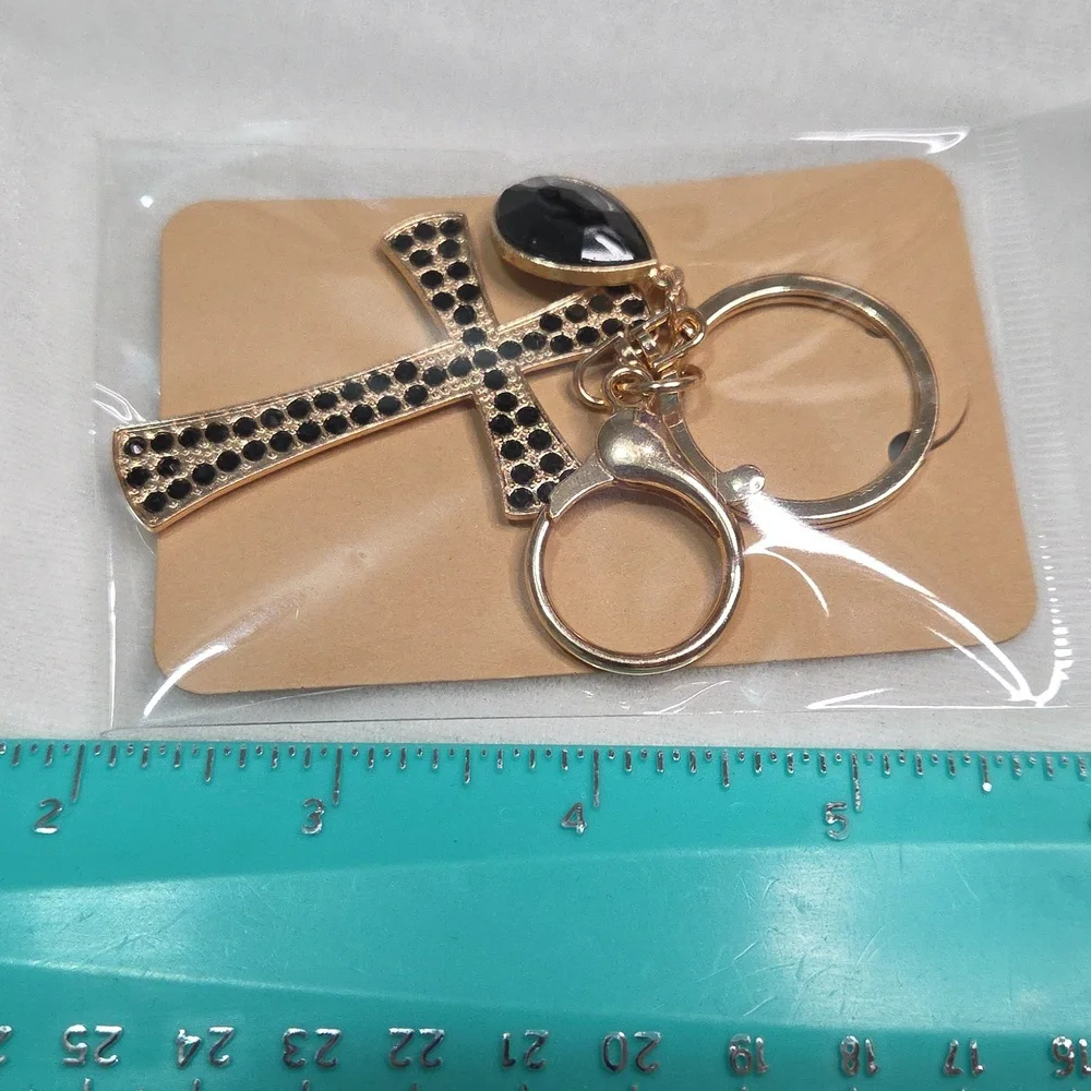 Ladies Black Cross Keychain Bag Charm Purse Charm Rhinestones Crystals Key Ring